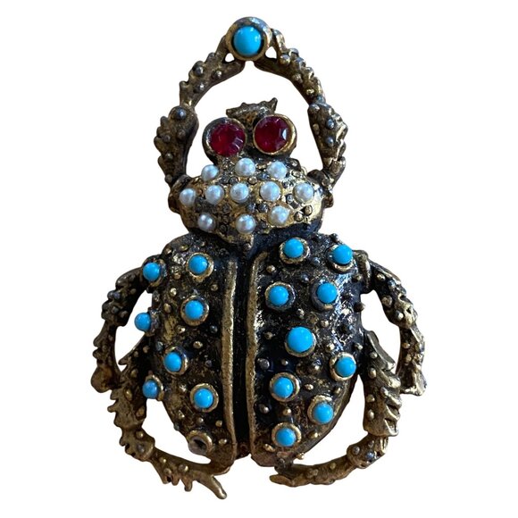Vintage Beetle Brooch Pin With Turquoise & Pearl Accents - Picture 1 of 4